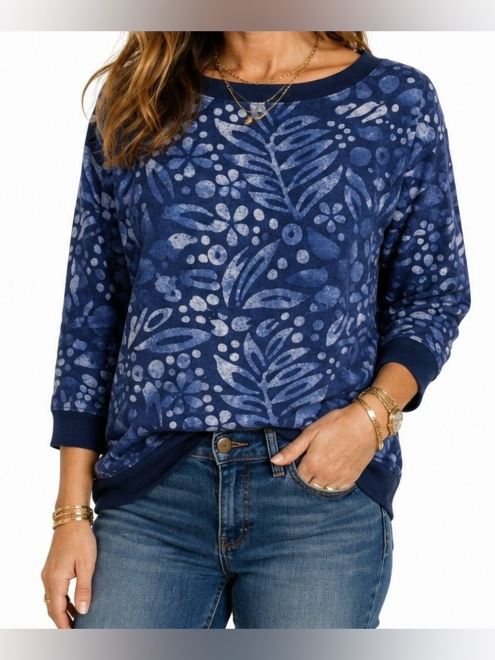 PEPIN Margo Hand Dyed Block Print Cotton Sweatshirt Blue S/M